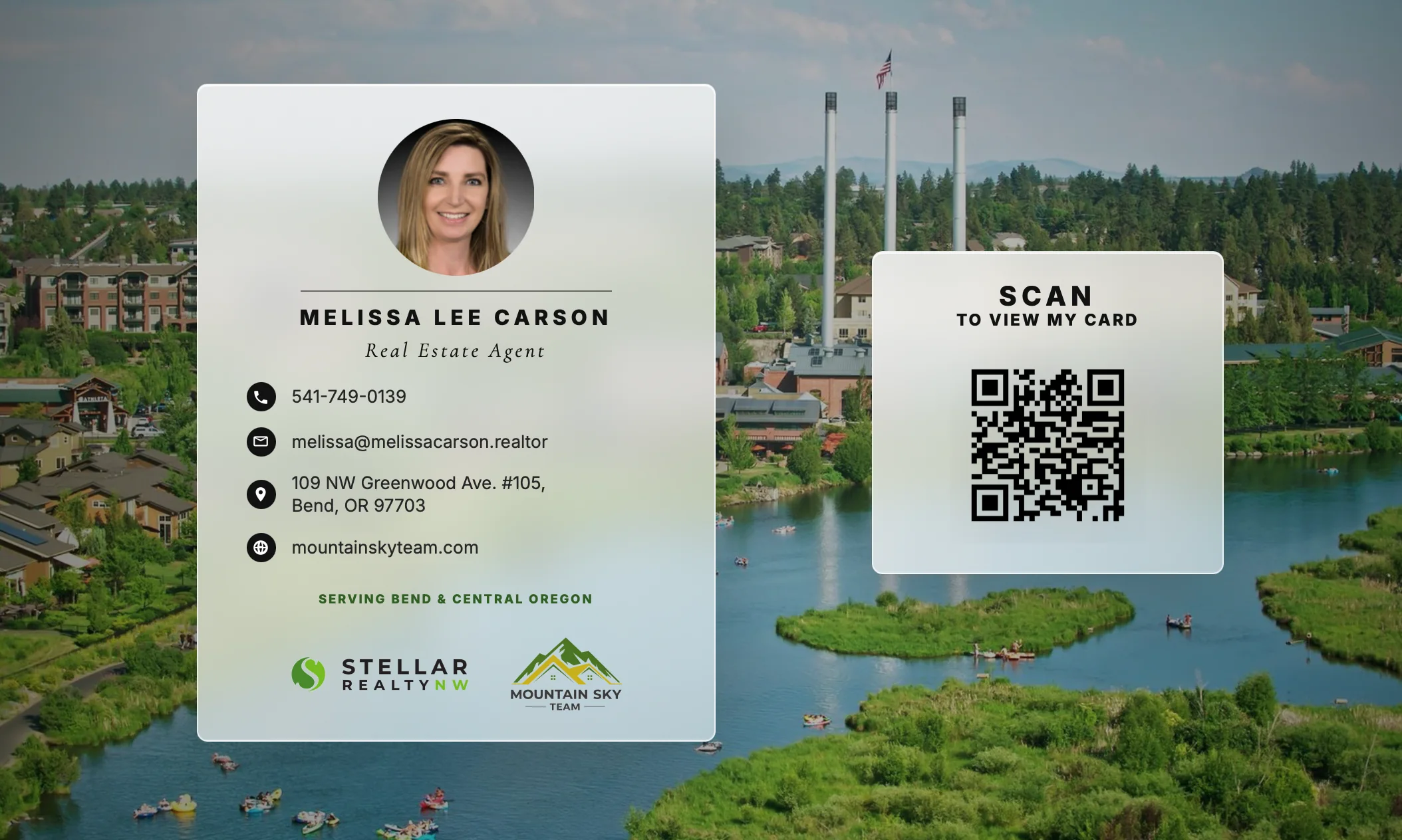 Melissa Carson fullscreen be.card display with QR code